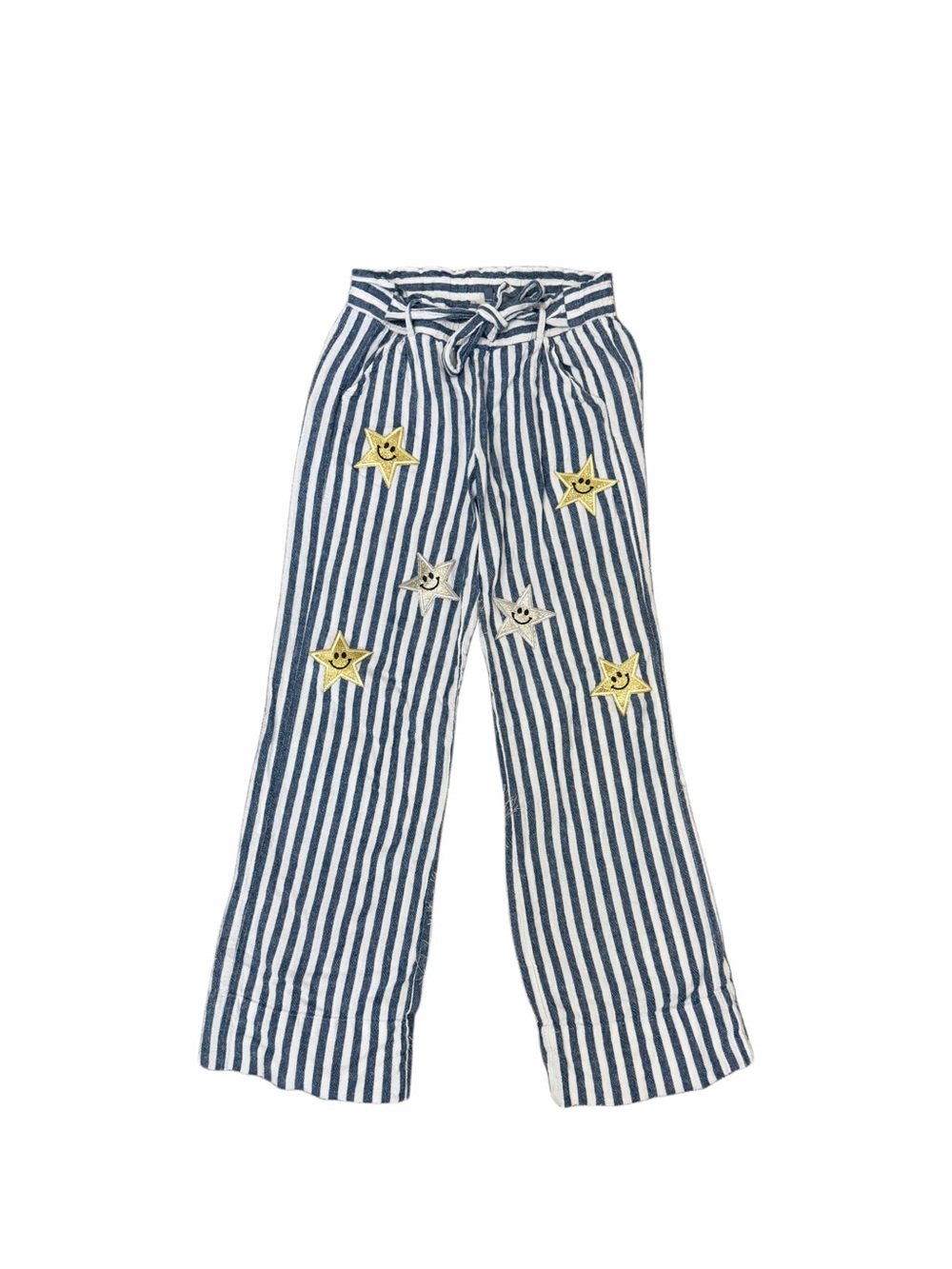 Jolt Striped Blue and White Star Patch Linen Blend Pants
